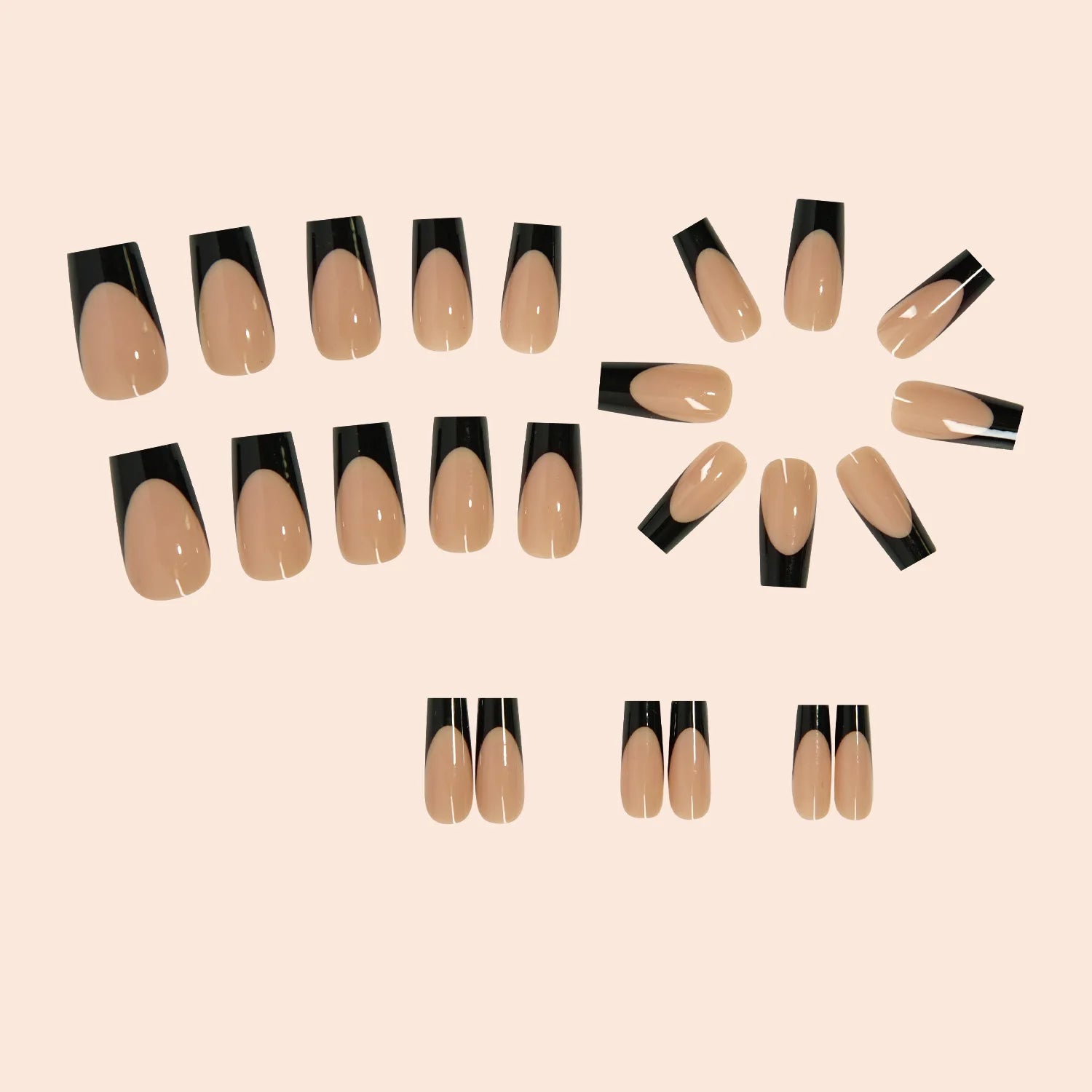 24Pcs Long Coffin French False Nails with Glue Bow Diamond Stick on Press on Acrylic Nails Black Ballerina Nail Art Manicure Tip