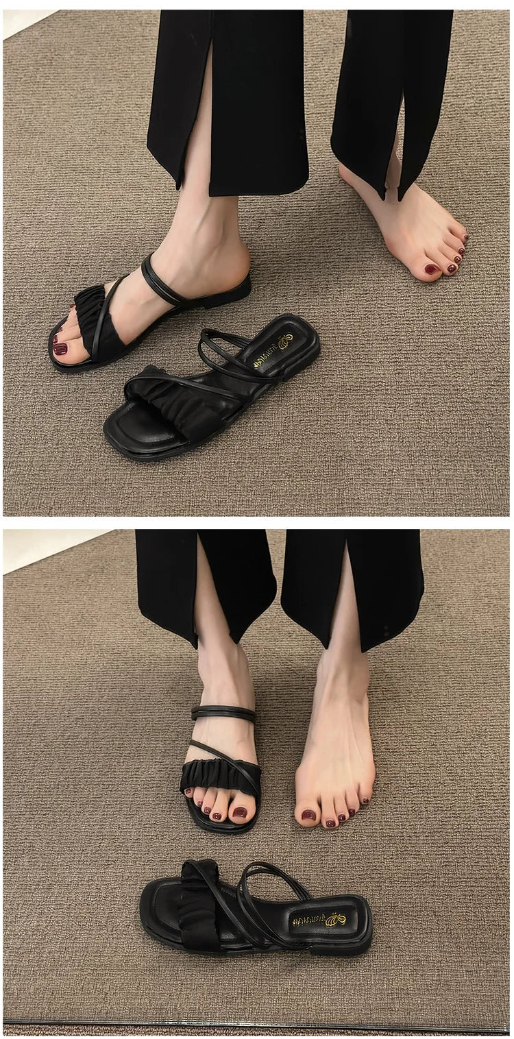 2023 Fashion Woman Sandals Women Sandals Ladies Square Heels Elegant Summer Slippers Outside Cross Tied Leather Female Slides