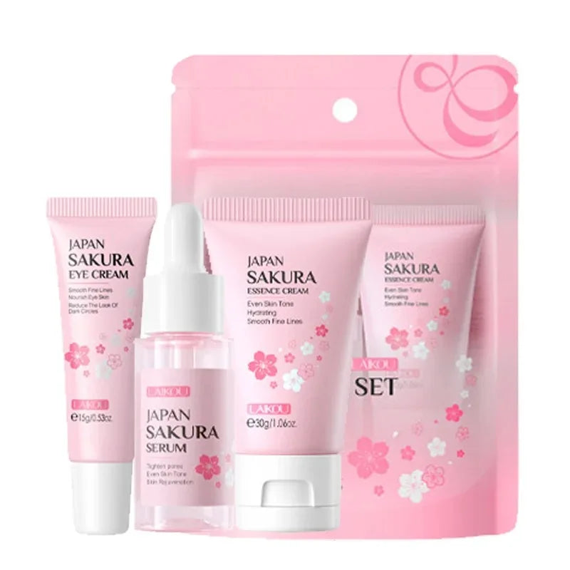 3pcs/set LAIKOU Skin Care Set Vitamin C Sakura Snail Essence Serum & Eye Cream & Face Cream Moisturizer Travel Size Skincare Set