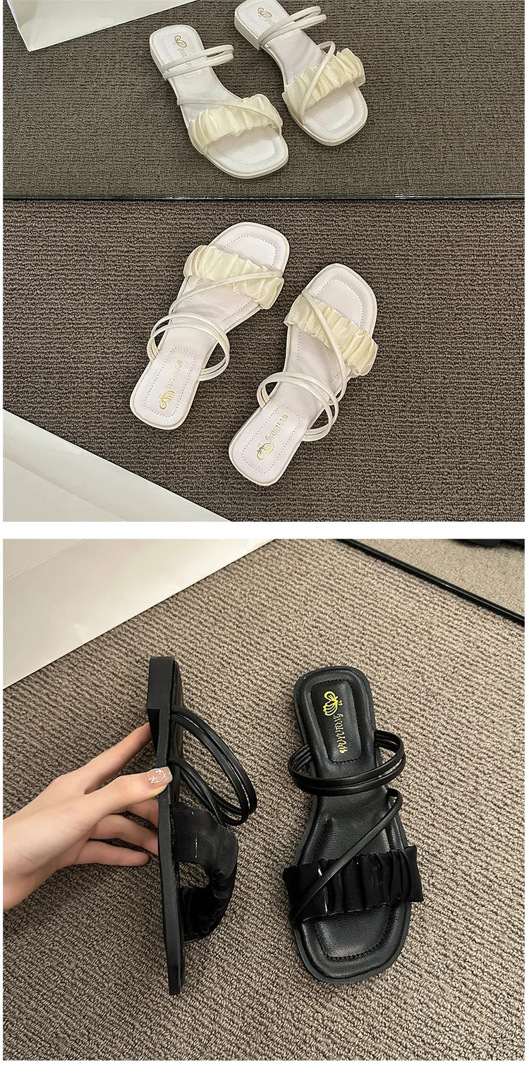 2023 Fashion Woman Sandals Women Sandals Ladies Square Heels Elegant Summer Slippers Outside Cross Tied Leather Female Slides