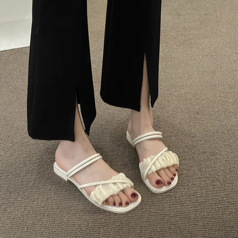 2023 Fashion Woman Sandals Women Sandals Ladies Square Heels Elegant Summer Slippers Outside Cross Tied Leather Female Slides