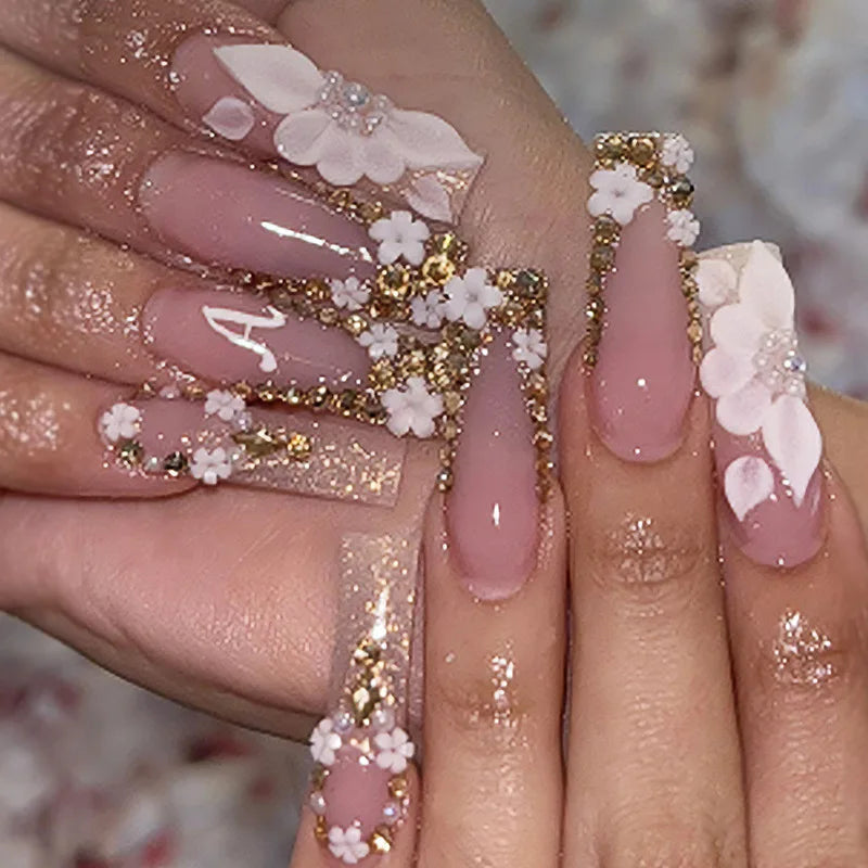 24Pcs Long Ballerina False Nails Press on Nails Serpentine Flower with Rhinestones French Fake Nails Wearable White Nail Tips