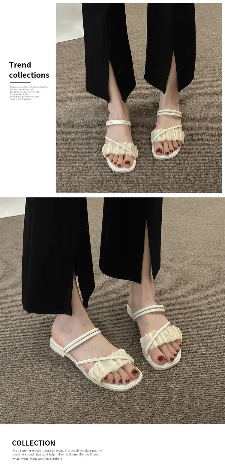 2023 Fashion Woman Sandals Women Sandals Ladies Square Heels Elegant Summer Slippers Outside Cross Tied Leather Female Slides
