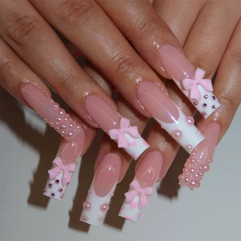 24Pcs Long Ballerina False Nails Press on Nails Serpentine Flower with Rhinestones French Fake Nails Wearable White Nail Tips