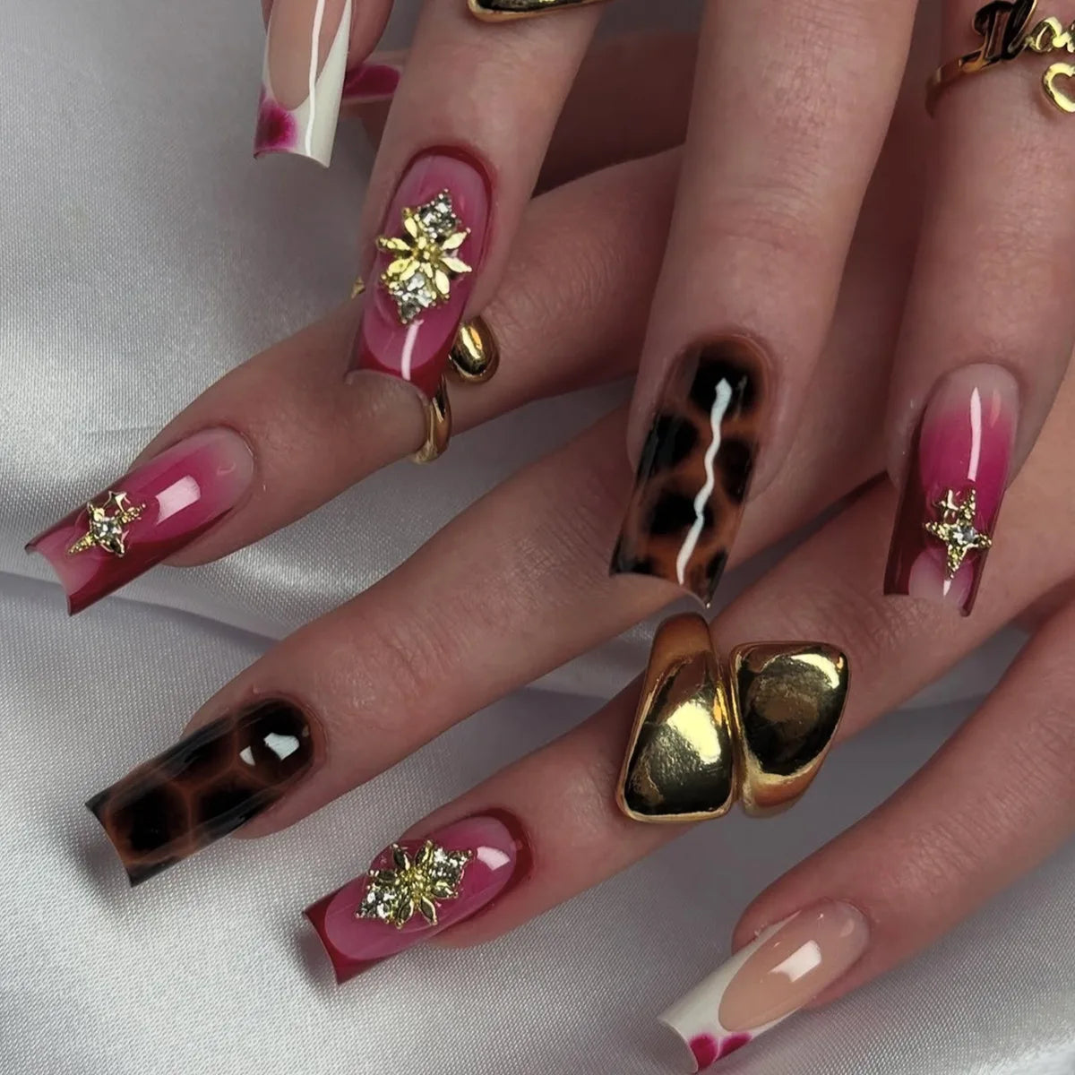 24Pcs Long Ballerina False Nails Press on Nails Serpentine Flower with Rhinestones French Fake Nails Wearable White Nail Tips