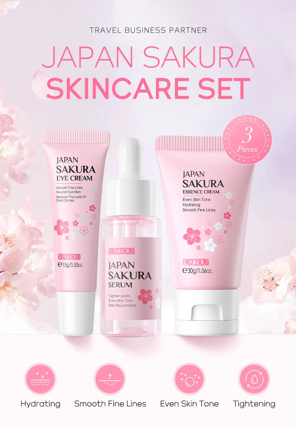 3pcs/set LAIKOU Skin Care Set Vitamin C Sakura Snail Essence Serum & Eye Cream & Face Cream Moisturizer Travel Size Skincare Set