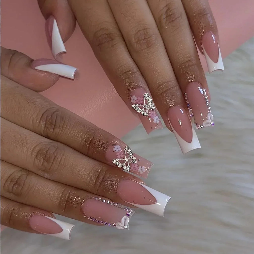 24Pcs Long Ballerina False Nails Press on Nails Serpentine Flower with Rhinestones French Fake Nails Wearable White Nail Tips