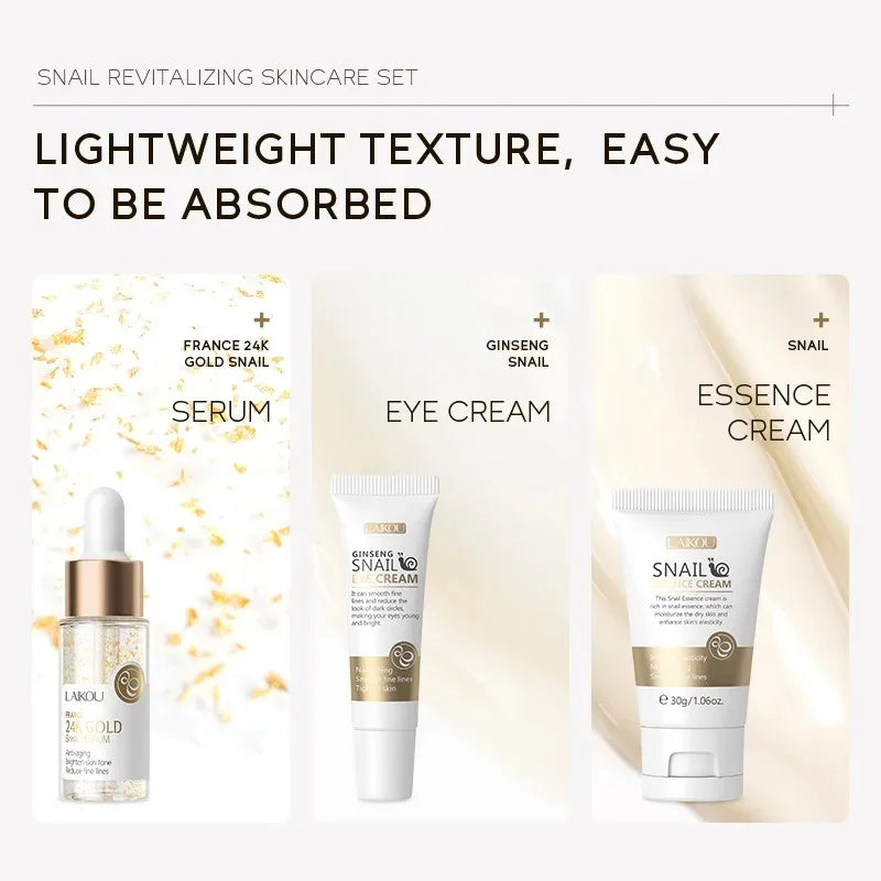 3pcs/set LAIKOU Skin Care Set Vitamin C Sakura Snail Essence Serum & Eye Cream & Face Cream Moisturizer Travel Size Skincare Set