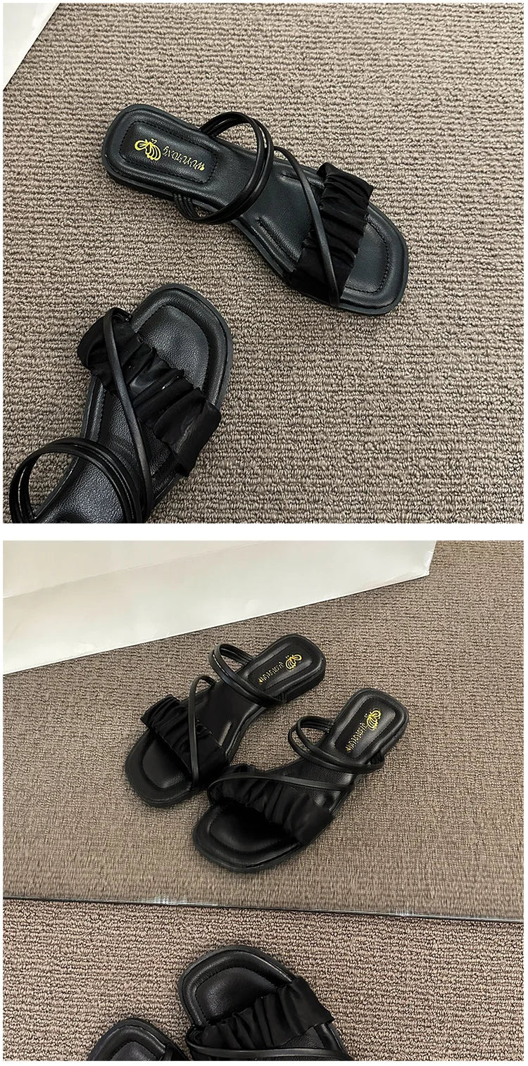 2023 Fashion Woman Sandals Women Sandals Ladies Square Heels Elegant Summer Slippers Outside Cross Tied Leather Female Slides