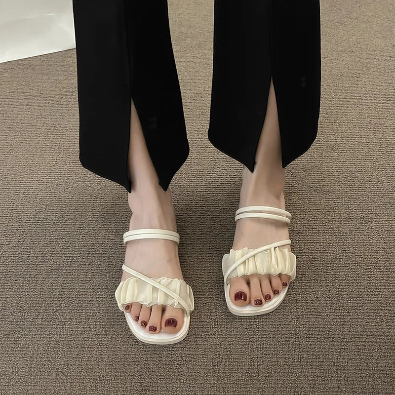 2023 Fashion Woman Sandals Women Sandals Ladies Square Heels Elegant Summer Slippers Outside Cross Tied Leather Female Slides