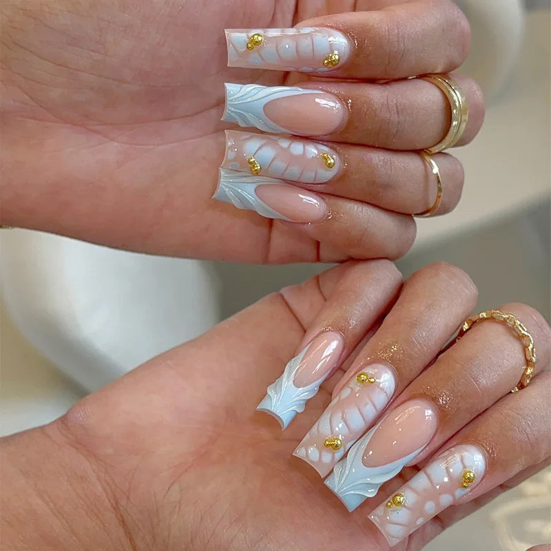 24Pcs Long Ballerina False Nails Press on Nails Serpentine Flower with Rhinestones French Fake Nails Wearable White Nail Tips