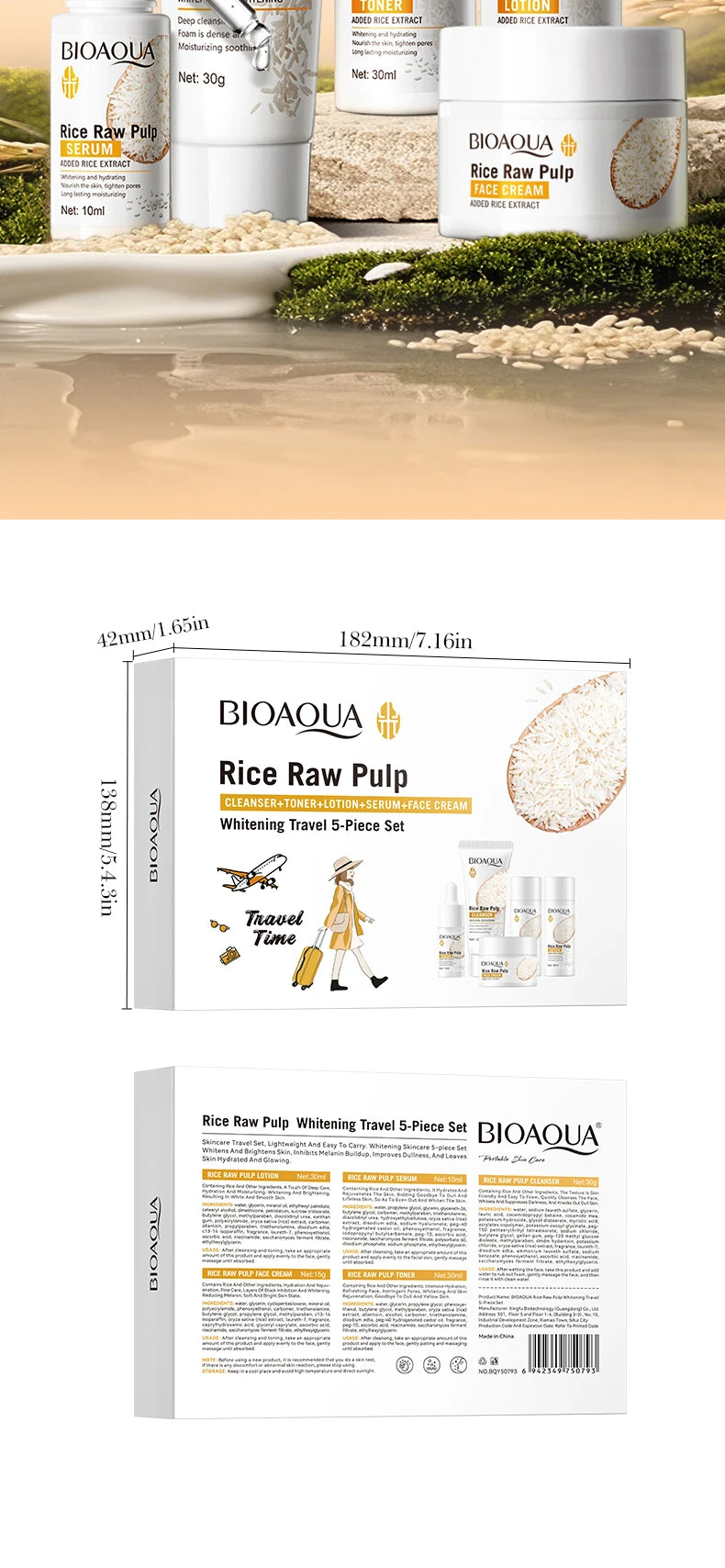BIOAOUA Rice Whitening Skin Care Set, facial cleanser+toner+essence+lotion+cream,Brightning Htdrating Serum,Women skin care