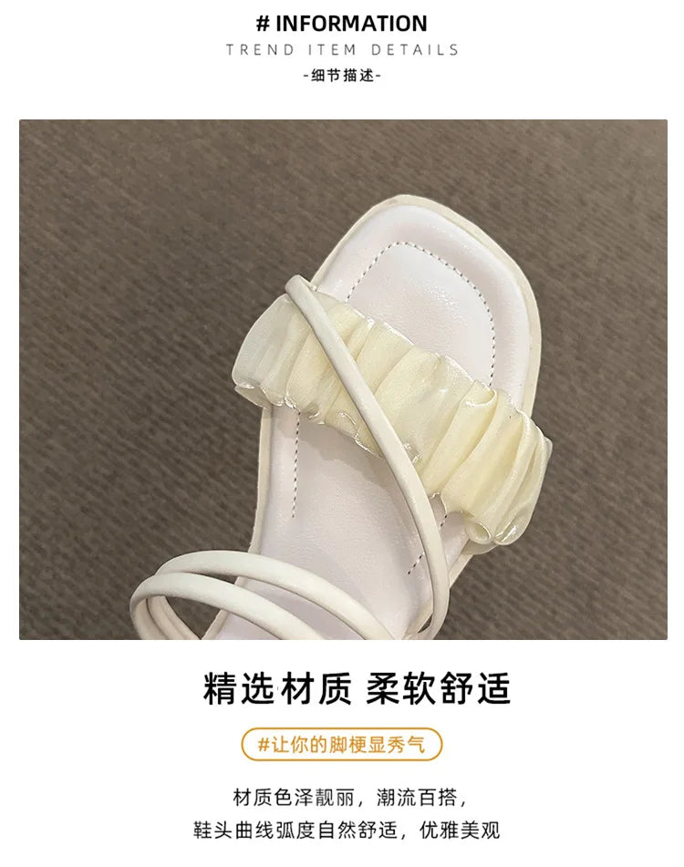 2023 Fashion Woman Sandals Women Sandals Ladies Square Heels Elegant Summer Slippers Outside Cross Tied Leather Female Slides