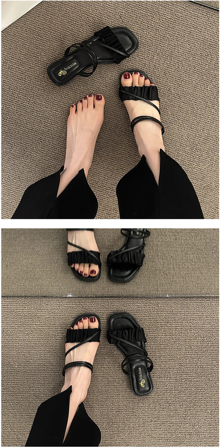 2023 Fashion Woman Sandals Women Sandals Ladies Square Heels Elegant Summer Slippers Outside Cross Tied Leather Female Slides