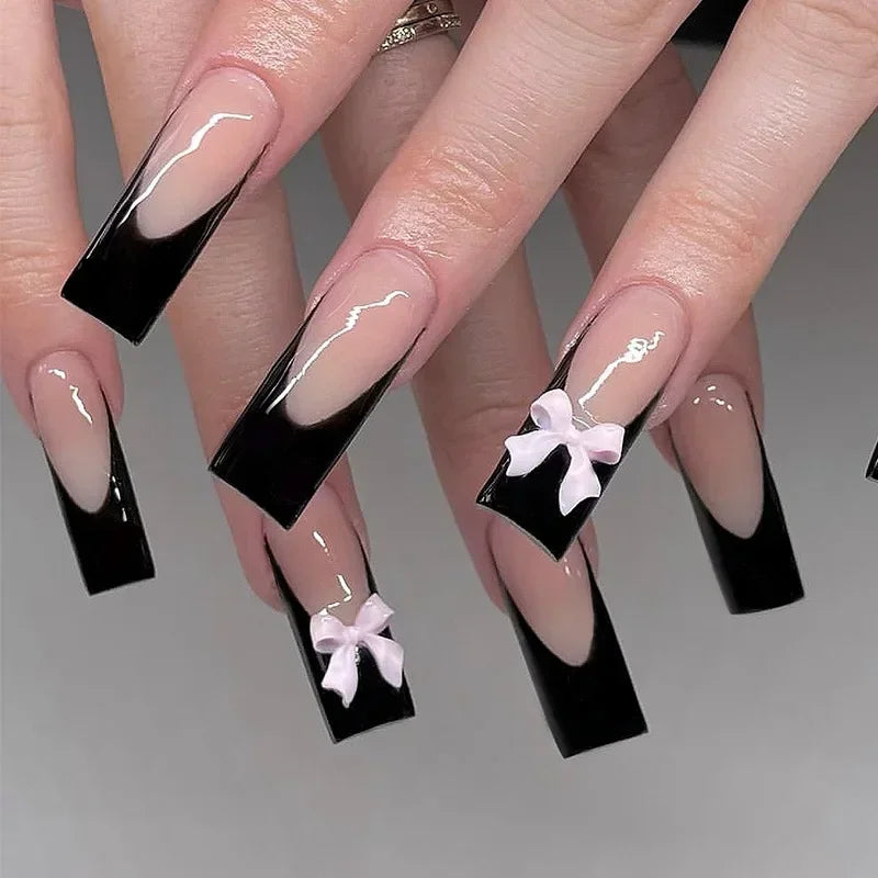 24Pcs Long Coffin French False Nails with Glue Bow Diamond Stick on Press on Acrylic Nails Black Ballerina Nail Art Manicure Tip