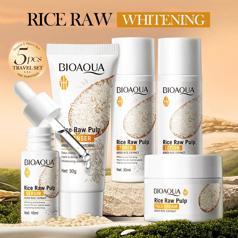 BIOAOUA Rice Whitening Skin Care Set, facial cleanser+toner+essence+lotion+cream,Brightning Htdrating Serum,Women skin care