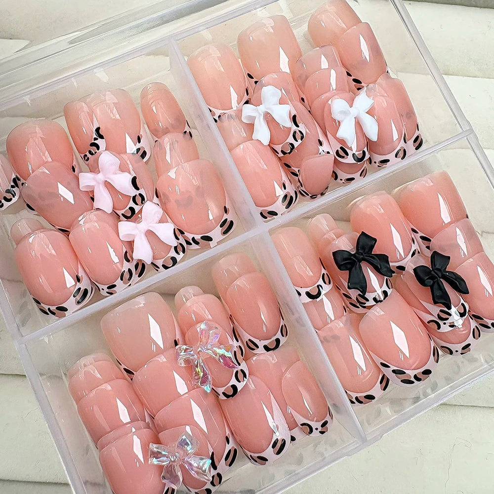 24/96pcs Nude Leopard French Bowknot False Nails Short Round Square Press On Nails Y2K Cute Leopard Bow Actylic Fake Nails Tips