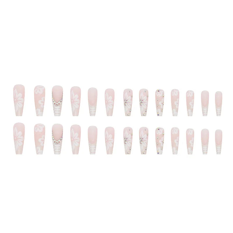 24Pcs Long Ballerina False Nails Press on Nails Serpentine Flower with Rhinestones French Fake Nails Wearable White Nail Tips