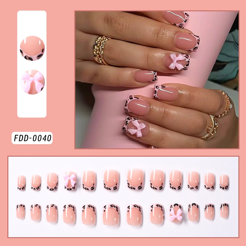 24/96pcs Nude Leopard French Bowknot False Nails Short Round Square Press On Nails Y2K Cute Leopard Bow Actylic Fake Nails Tips