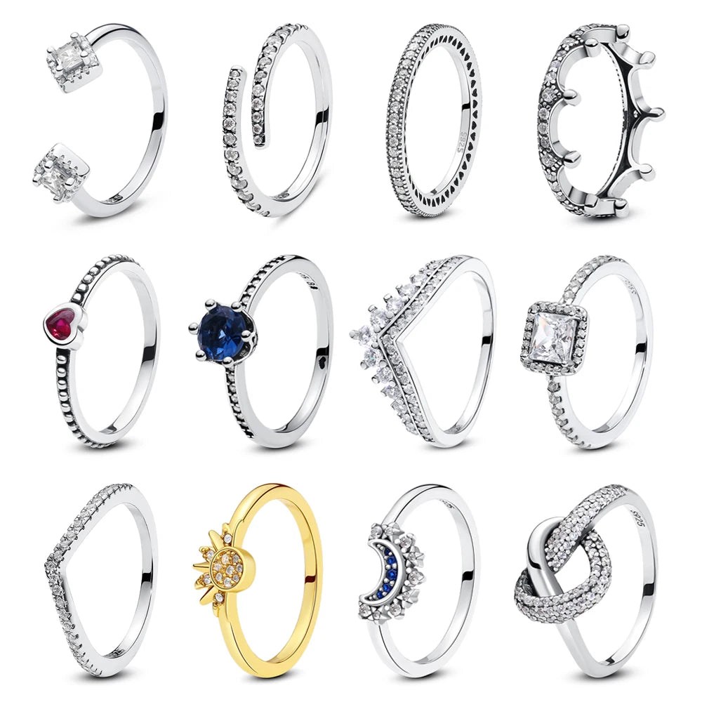 925 Sterling Silver Rings For Women Original Crown Love Heart Wishbone Engagement Wedding Rose Gold Crystal Ring Luxury Jewelry