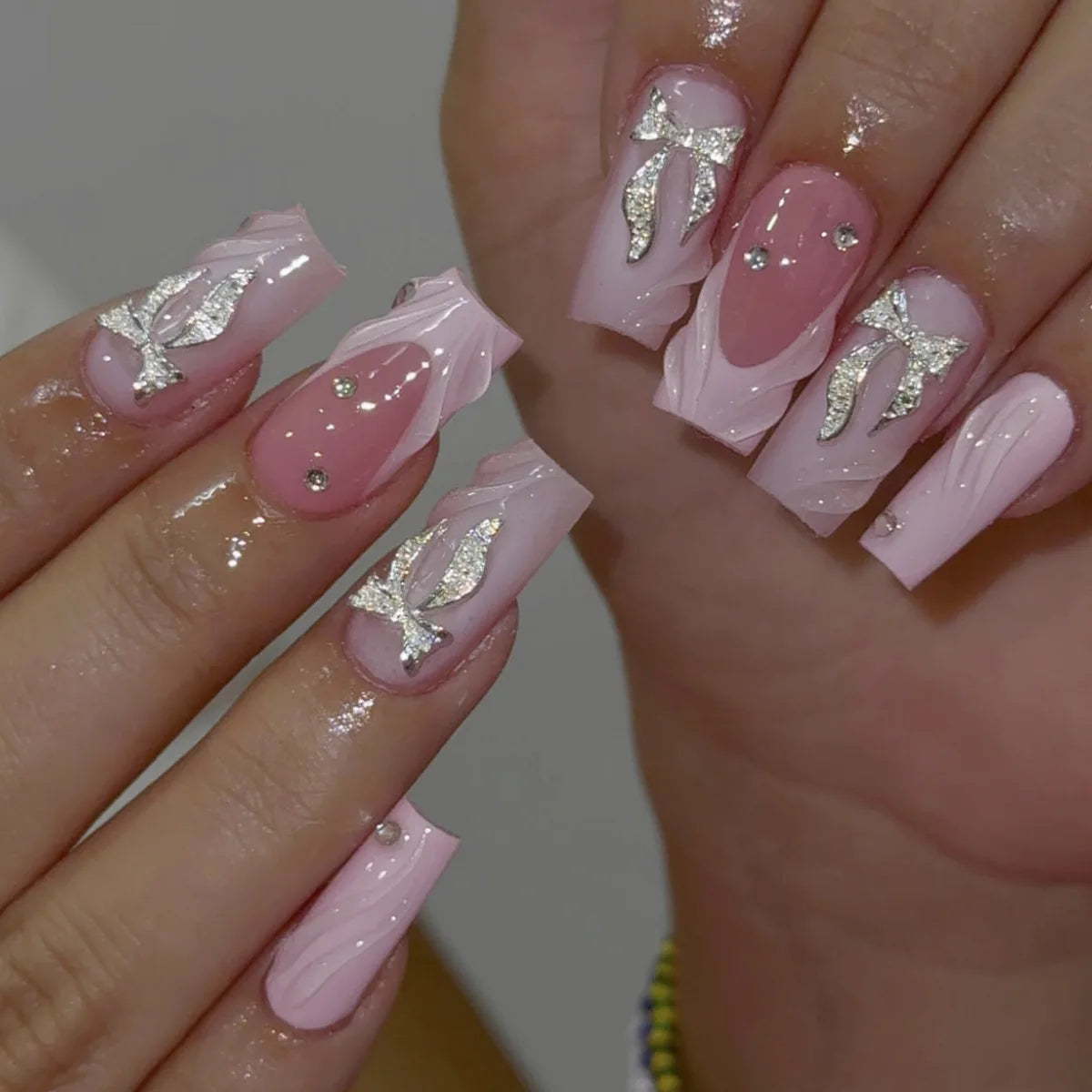 24Pcs Long Ballerina False Nails Press on Nails Serpentine Flower with Rhinestones French Fake Nails Wearable White Nail Tips