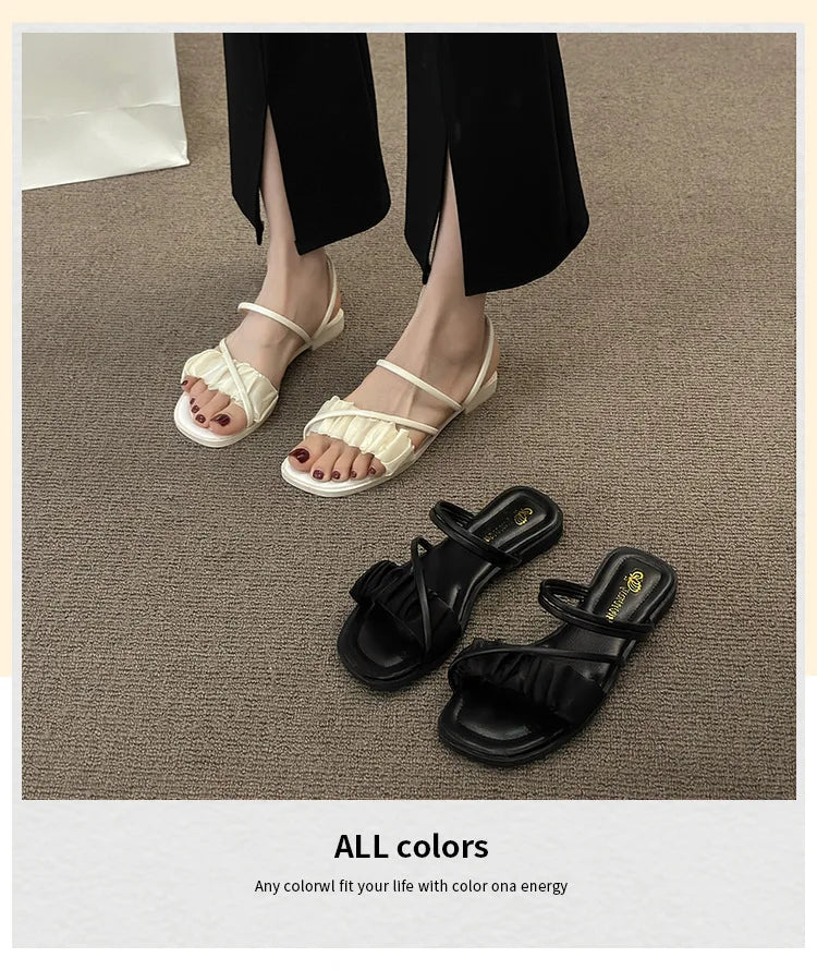 2023 Fashion Woman Sandals Women Sandals Ladies Square Heels Elegant Summer Slippers Outside Cross Tied Leather Female Slides