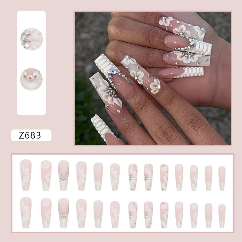 24Pcs Long Ballerina False Nails Press on Nails Serpentine Flower with Rhinestones French Fake Nails Wearable White Nail Tips
