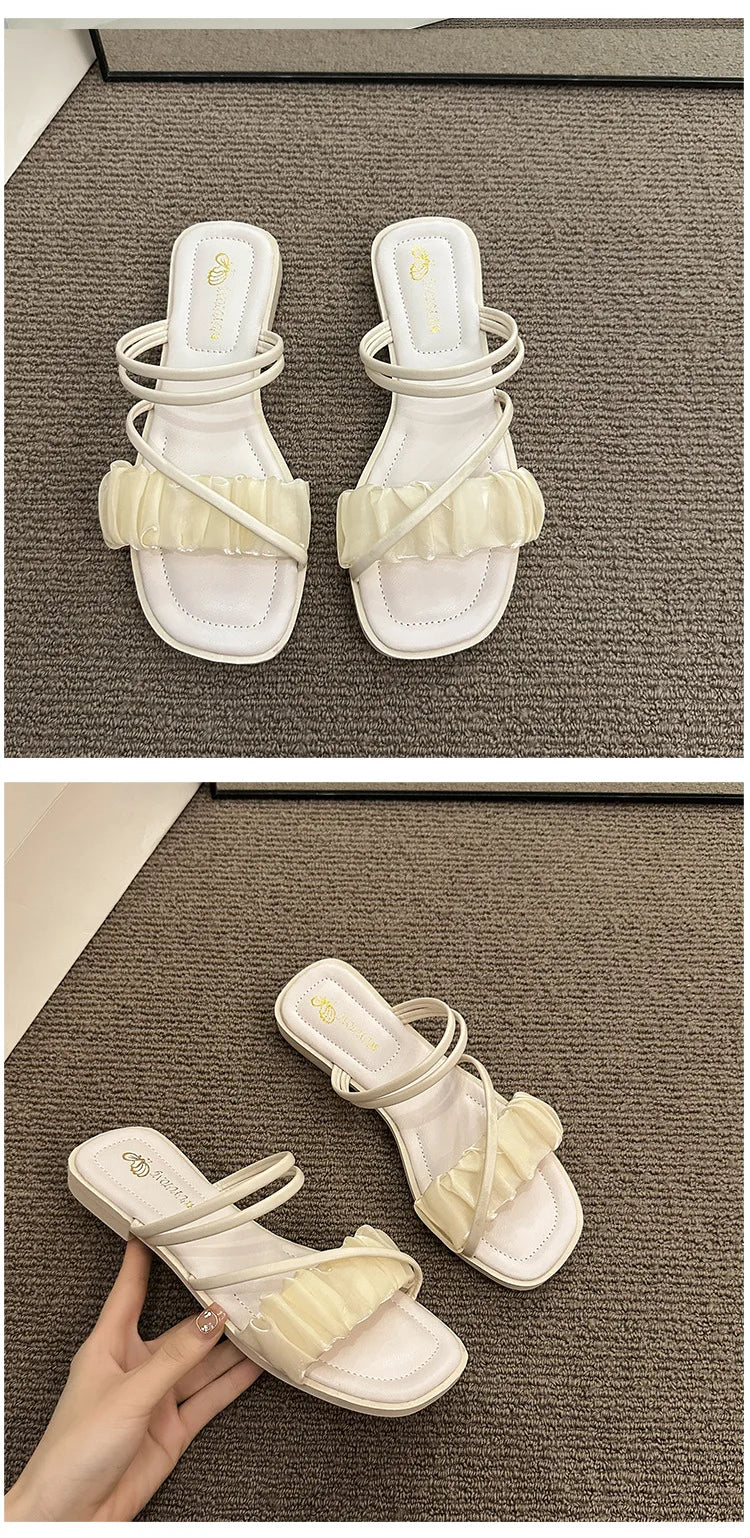 2023 Fashion Woman Sandals Women Sandals Ladies Square Heels Elegant Summer Slippers Outside Cross Tied Leather Female Slides