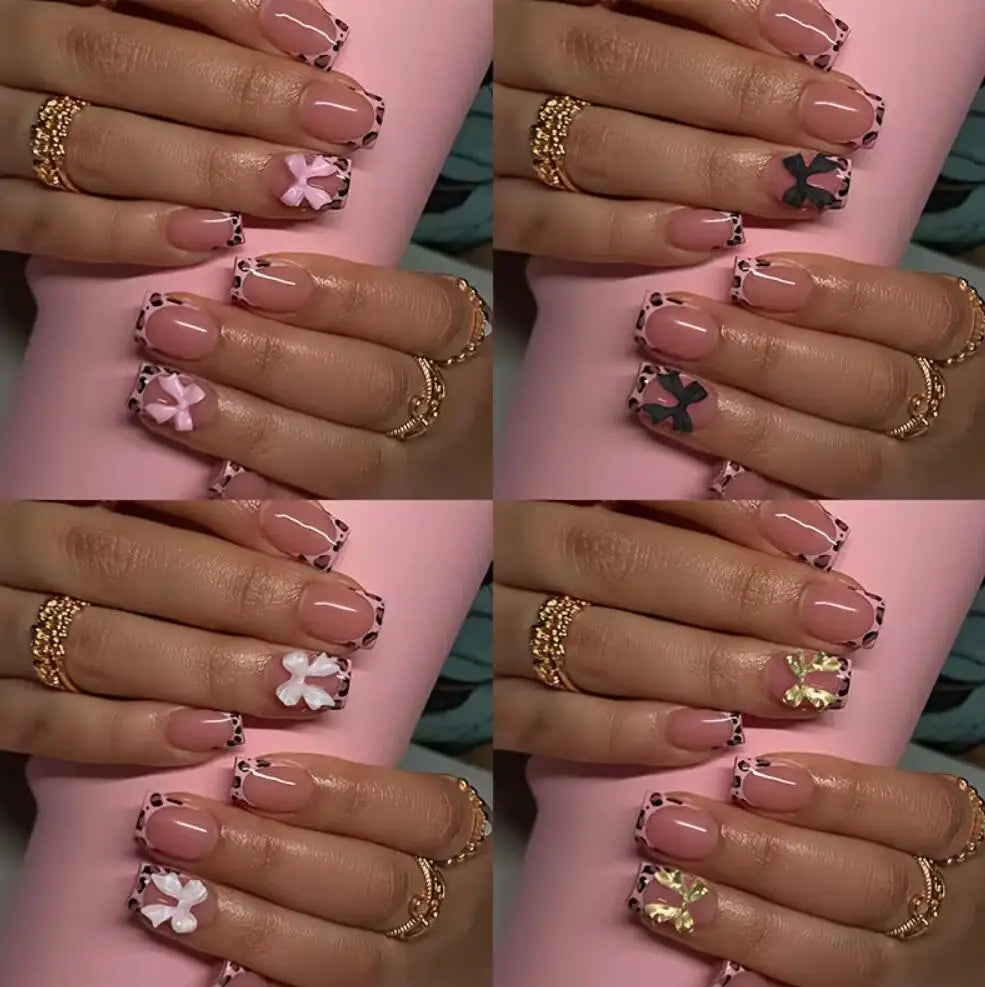 24/96pcs Nude Leopard French Bowknot False Nails Short Round Square Press On Nails Y2K Cute Leopard Bow Actylic Fake Nails Tips