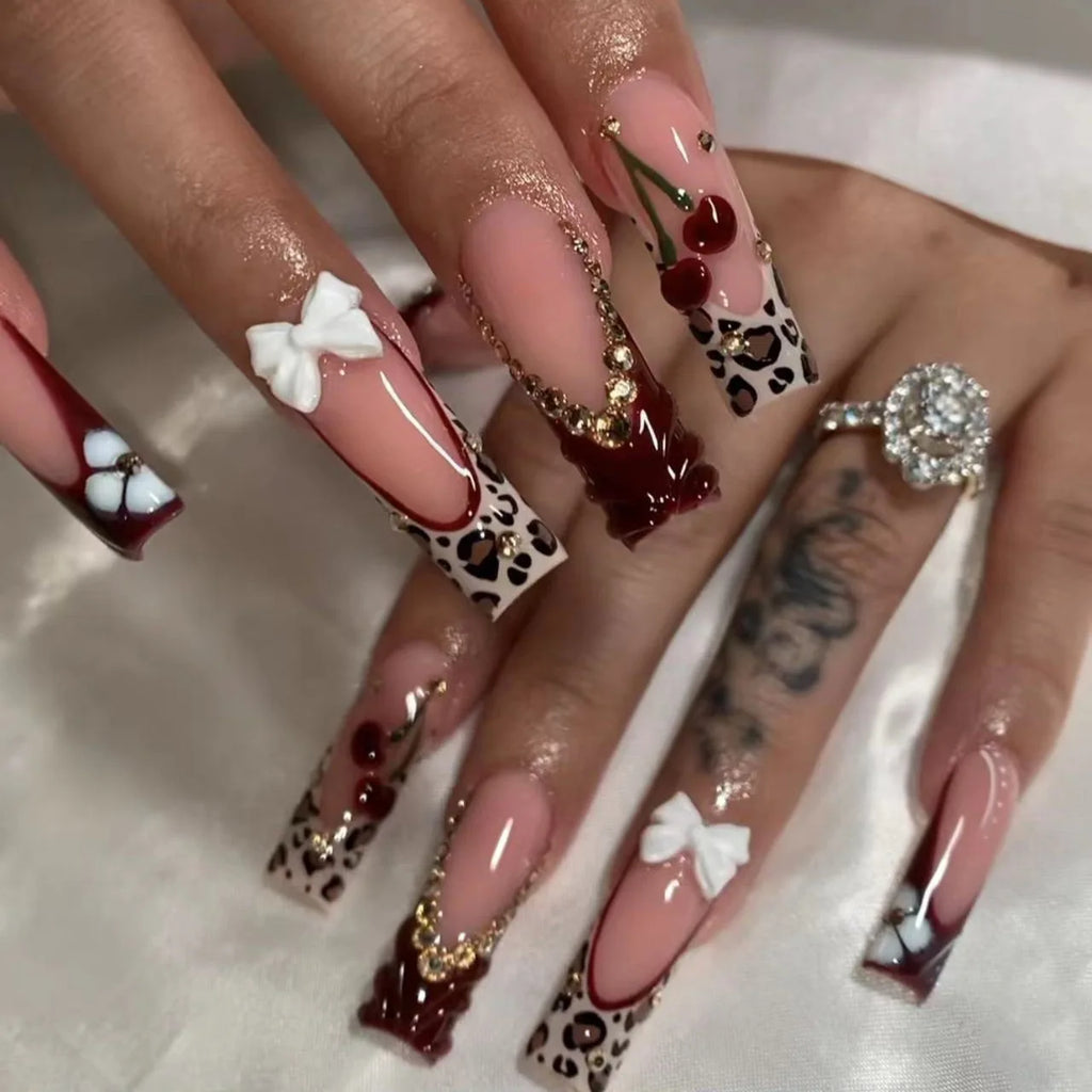 24Pcs Long Ballerina False Nails Press on Nails Serpentine Flower with Rhinestones French Fake Nails Wearable White Nail Tips