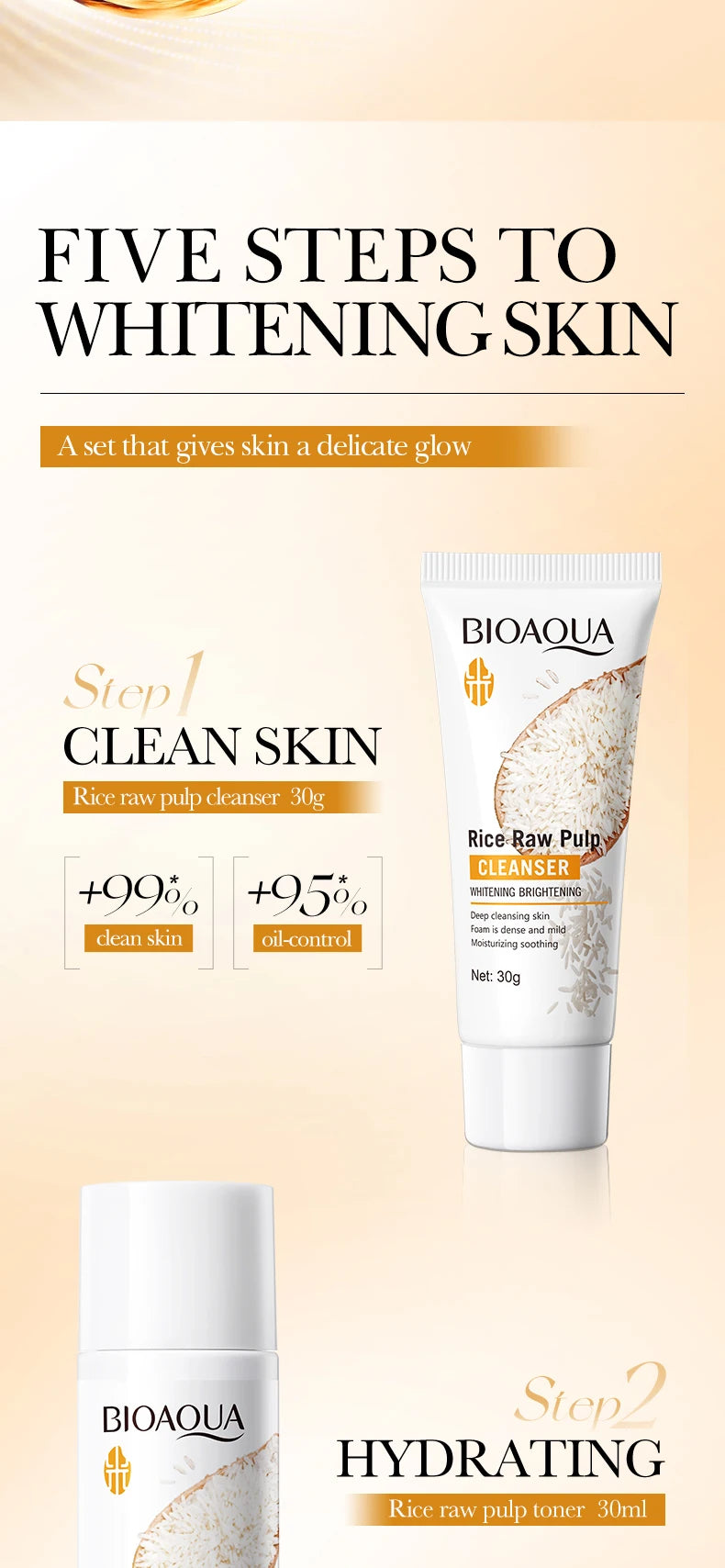 BIOAOUA Rice Whitening Skin Care Set, facial cleanser+toner+essence+lotion+cream,Brightning Htdrating Serum,Women skin care