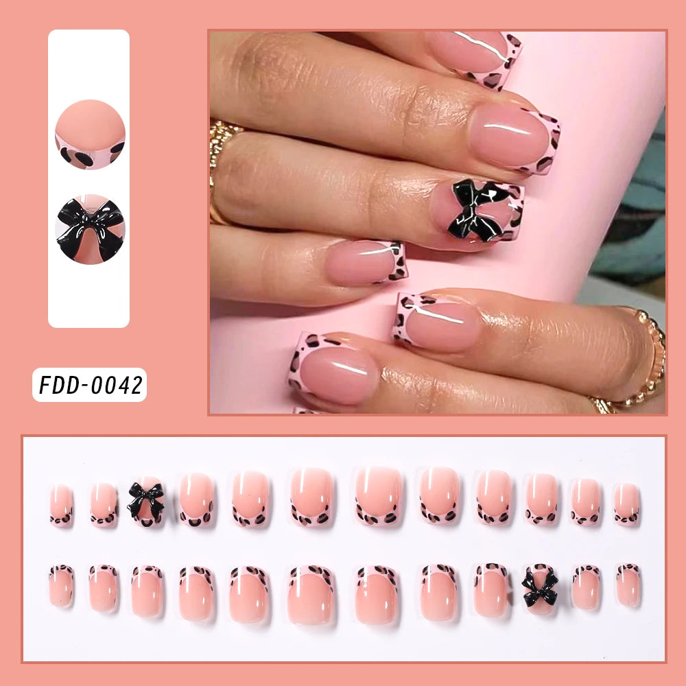 24/96pcs Nude Leopard French Bowknot False Nails Short Round Square Press On Nails Y2K Cute Leopard Bow Actylic Fake Nails Tips