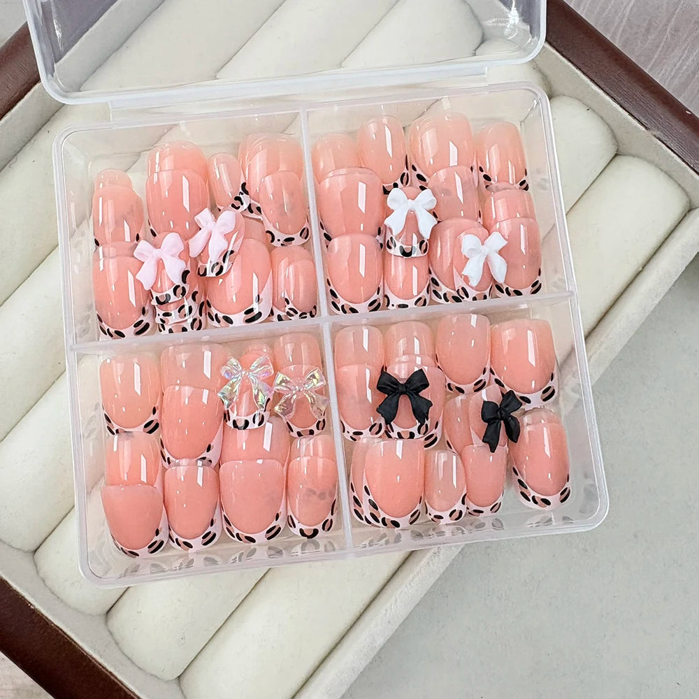 24/96pcs Nude Leopard French Bowknot False Nails Short Round Square Press On Nails Y2K Cute Leopard Bow Actylic Fake Nails Tips