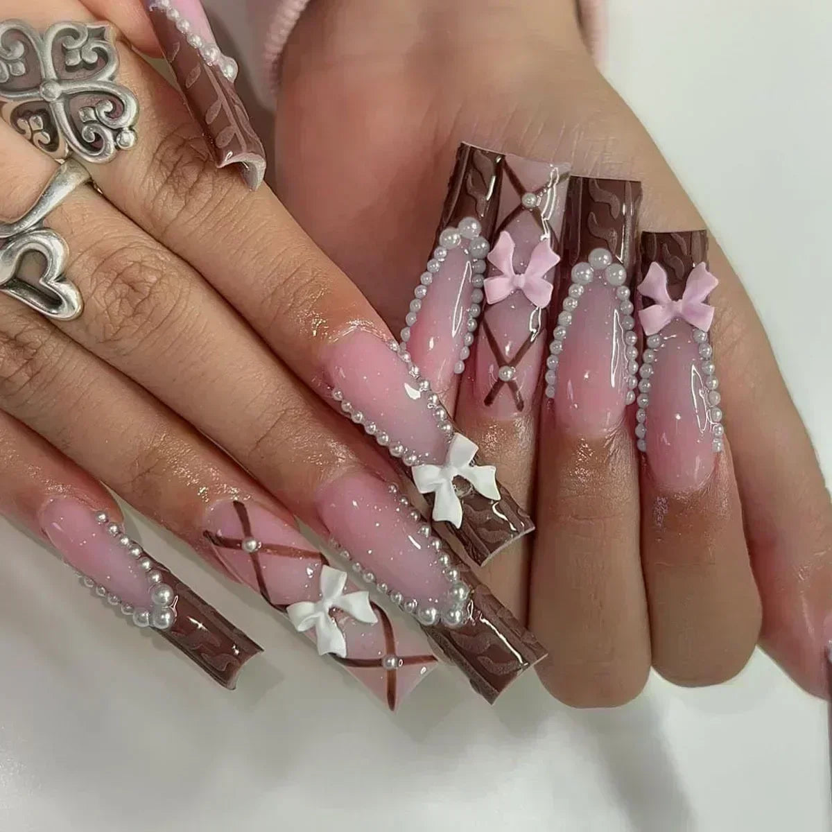 24Pcs Long Ballerina False Nails Press on Nails Serpentine Flower with Rhinestones French Fake Nails Wearable White Nail Tips
