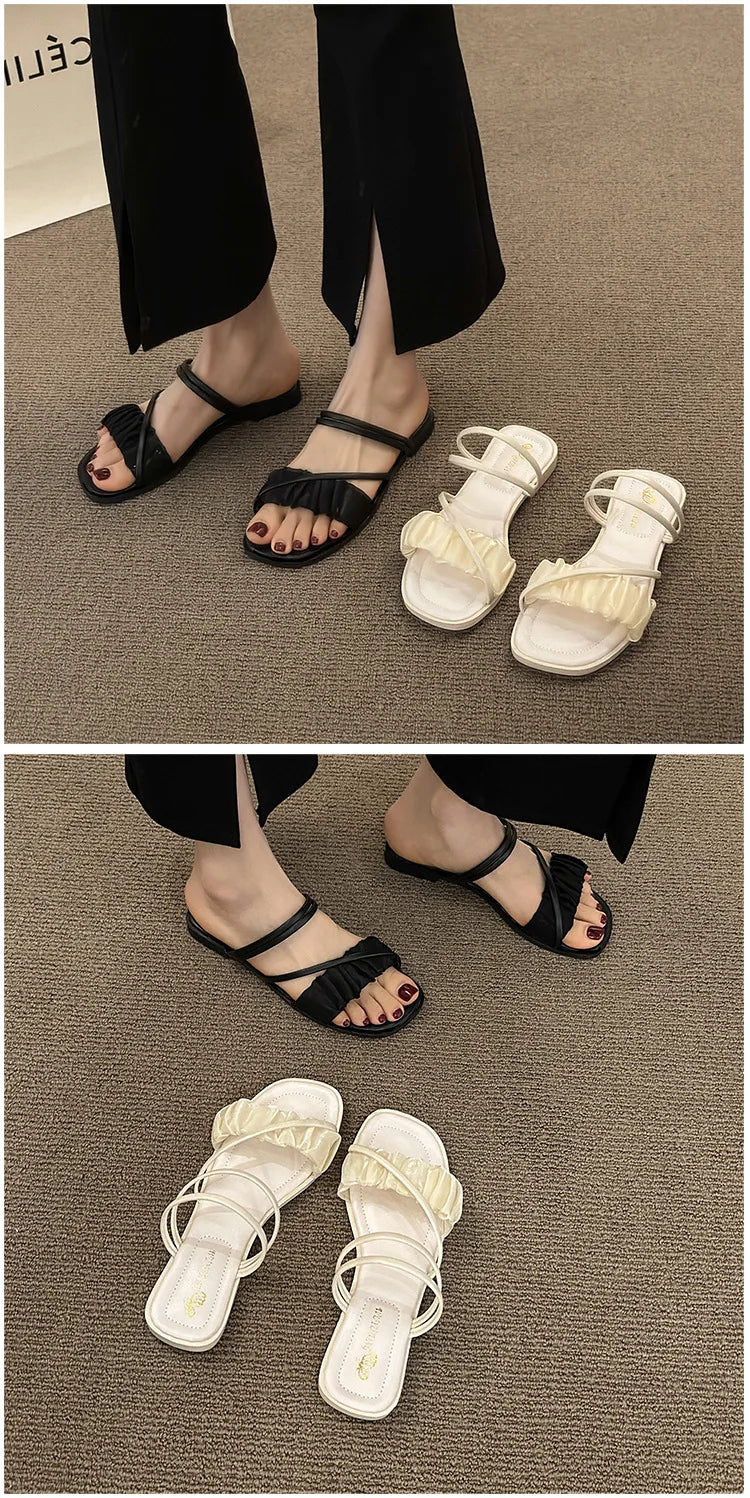 2023 Fashion Woman Sandals Women Sandals Ladies Square Heels Elegant Summer Slippers Outside Cross Tied Leather Female Slides