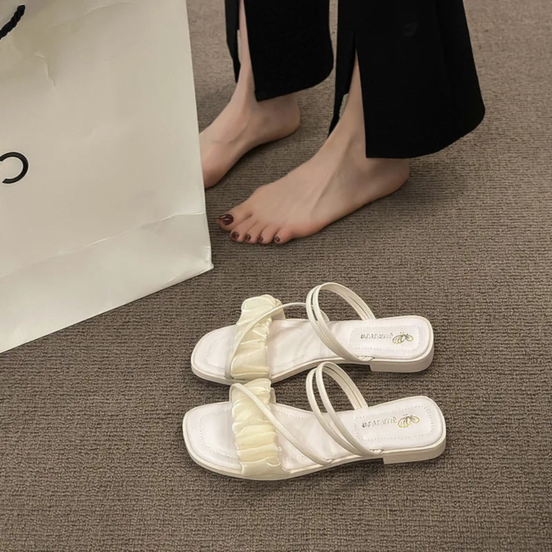 2023 Fashion Woman Sandals Women Sandals Ladies Square Heels Elegant Summer Slippers Outside Cross Tied Leather Female Slides