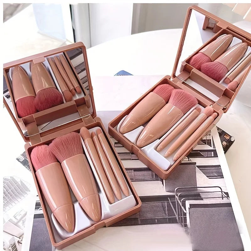 5Pcs Portable Makeup Brush Set With Mirror -  Foldable Travel Kit ，Mini Makeup Brush Set Travel Makeup Brush Set