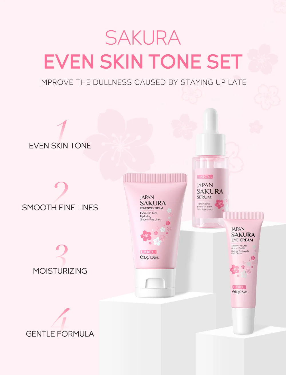 3pcs/set LAIKOU Skin Care Set Vitamin C Sakura Snail Essence Serum & Eye Cream & Face Cream Moisturizer Travel Size Skincare Set