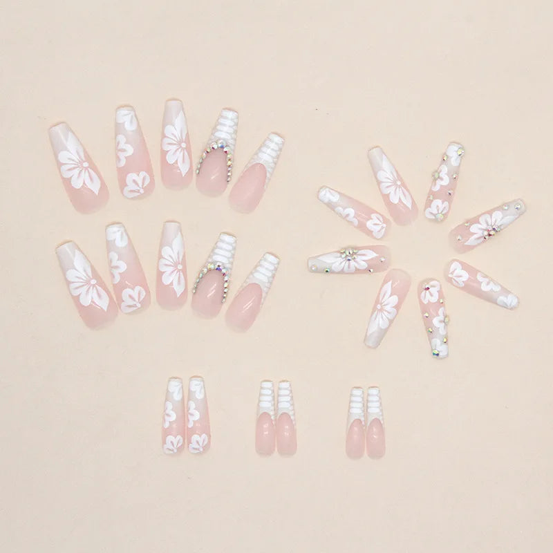 24Pcs Long Ballerina False Nails Press on Nails Serpentine Flower with Rhinestones French Fake Nails Wearable White Nail Tips