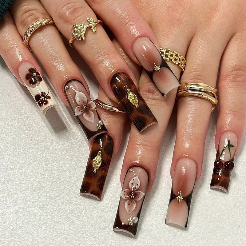 24Pcs Long Ballerina False Nails Press on Nails Serpentine Flower with Rhinestones French Fake Nails Wearable White Nail Tips