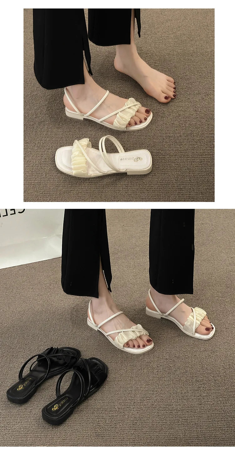 2023 Fashion Woman Sandals Women Sandals Ladies Square Heels Elegant Summer Slippers Outside Cross Tied Leather Female Slides