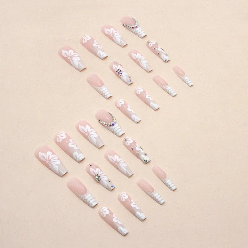 24Pcs Long Ballerina False Nails Press on Nails Serpentine Flower with Rhinestones French Fake Nails Wearable White Nail Tips