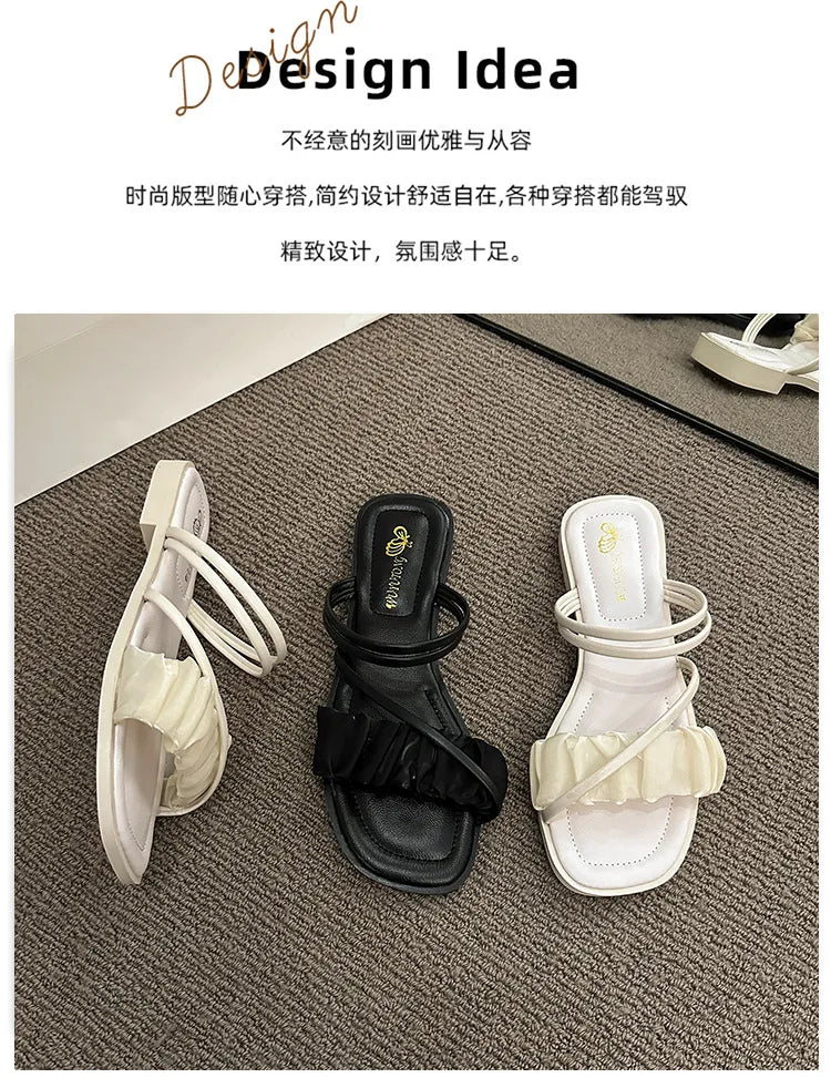 2023 Fashion Woman Sandals Women Sandals Ladies Square Heels Elegant Summer Slippers Outside Cross Tied Leather Female Slides
