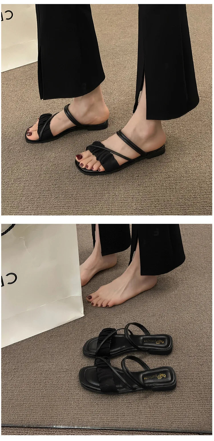 2023 Fashion Woman Sandals Women Sandals Ladies Square Heels Elegant Summer Slippers Outside Cross Tied Leather Female Slides
