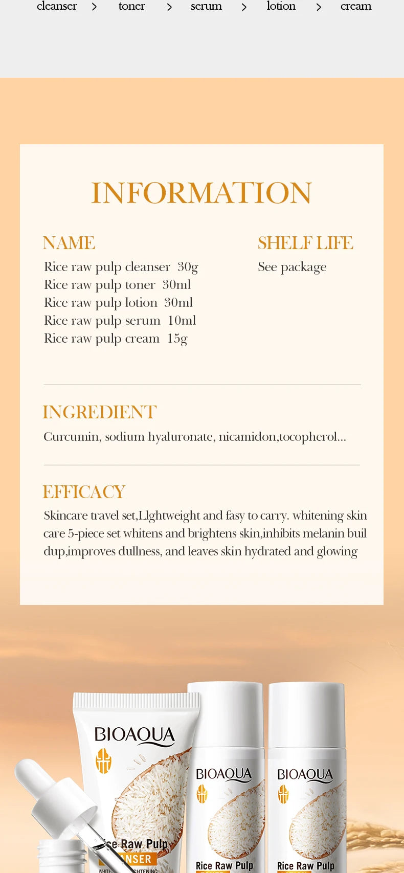 BIOAOUA Rice Whitening Skin Care Set, facial cleanser+toner+essence+lotion+cream,Brightning Htdrating Serum,Women skin care