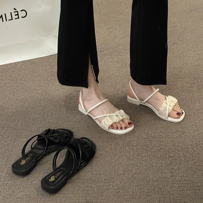 2023 Fashion Woman Sandals Women Sandals Ladies Square Heels Elegant Summer Slippers Outside Cross Tied Leather Female Slides